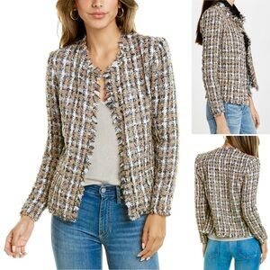Elie Tahari Tweed Wool Blend Open Front Jacket Two Front Pockets Frayed Trim